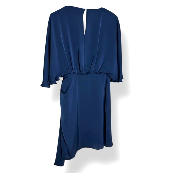 NWT Ramy Brook Navy Satin Faux Wrap Short Dress Flutter Sleeves Tie V-Neck Sz 2 - Picture 3 of 6